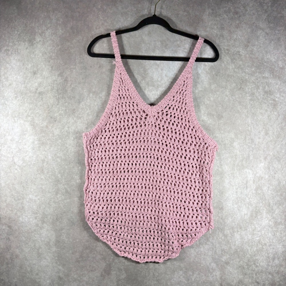 Free People Beach Tank Top Womens‎ Medium Pink Crochet Open Knit Boho Festival
